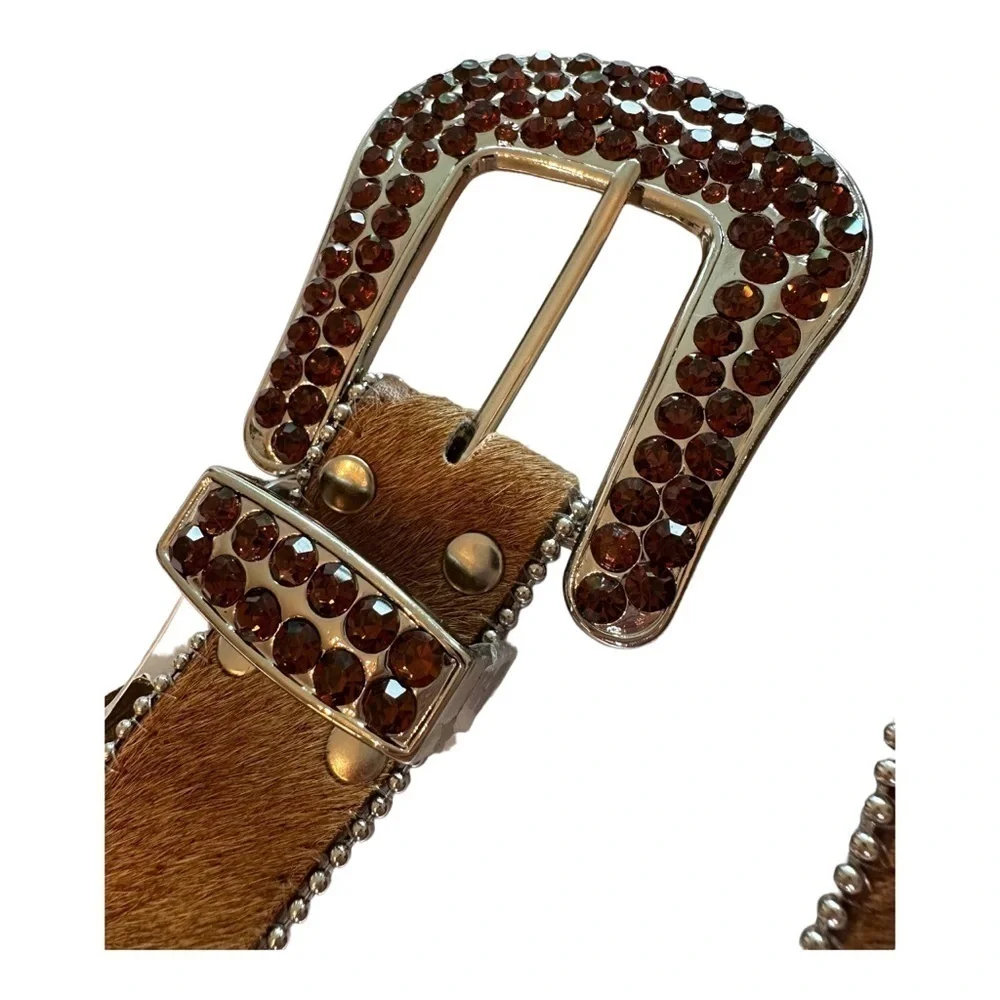 NWT Leather and Natural Hide Western Show Belt with Cross and Amber Rhinestones